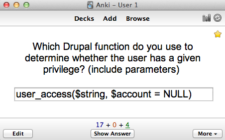 Which Drupal function do you use to determine whether th user has a given privilege? (Include parameters)