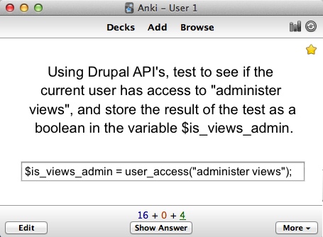 Using Drupal APIs, test to see if the current user has access to 'administer views' , and store the result of the test as a boolean in the variable $is_views_admin.