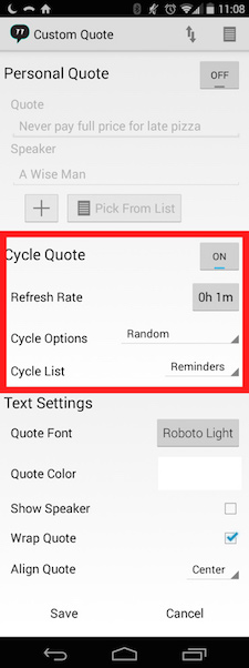 My Android phone, showing the settings for the Custom Quote app