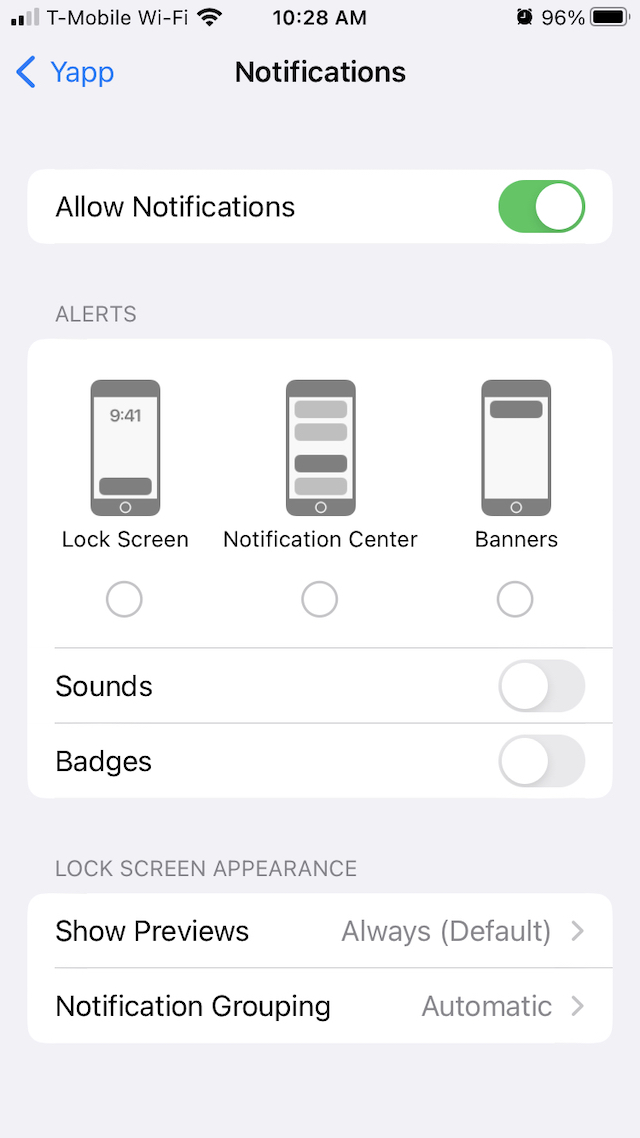 The Yapp notifications settings screen, with notifications enabled and alerts disabled