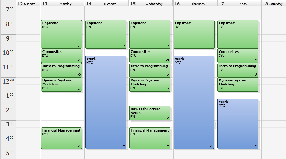 Screenshot of my packed class schedule.