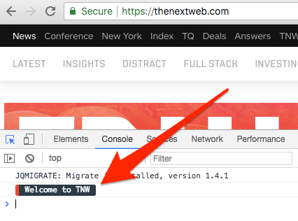 Image of a message in the console at thenextweb.com
