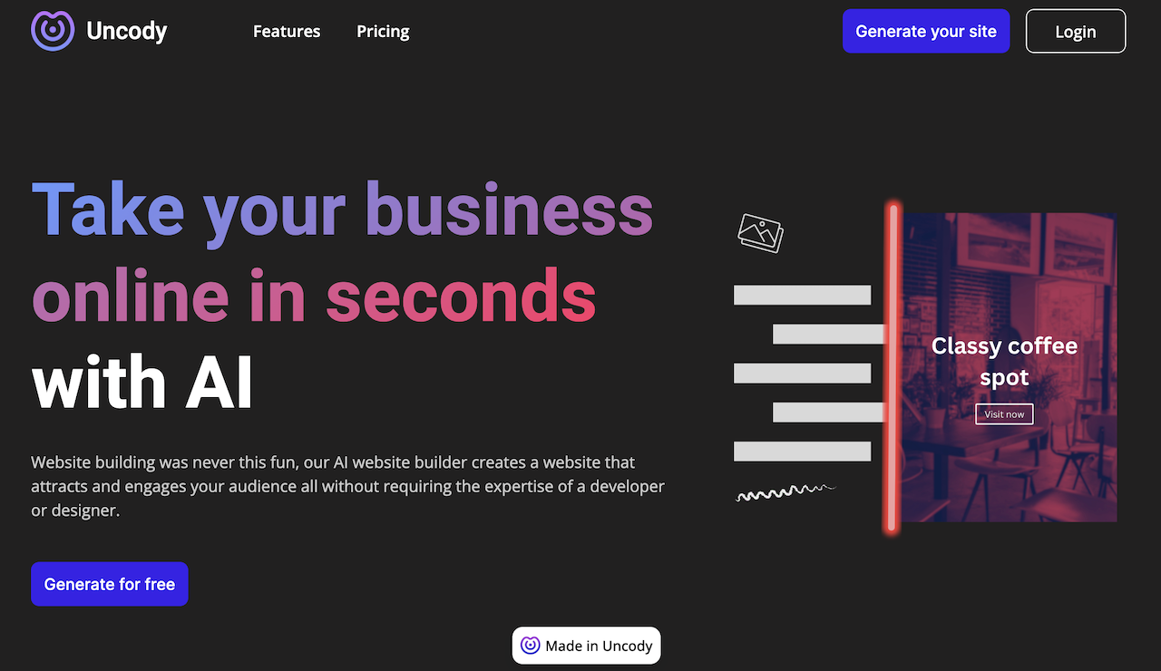 the uncody ai website builder