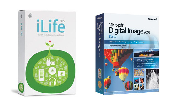 An Apple software package (iLife) placed side-by-side with a less attractive Microsoft alternative (Microsoft Digital Image Suite)