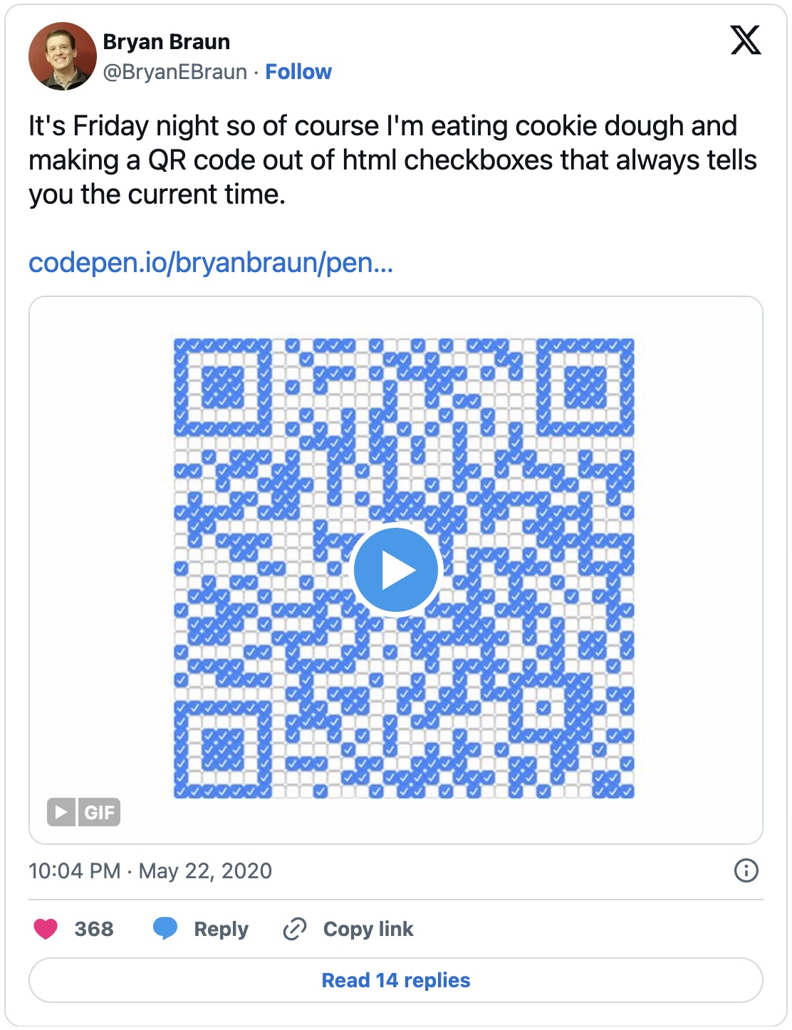 It's Friday night so of course I'm eating cookie dough and making a QR code out of html checkboxes that always tells you the current time.