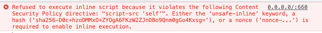 Error message from an inline script violating a Content Security Policy