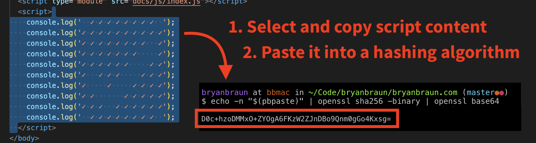 An example showing of code being selected and pasted into a terminal command for a SHA-256 hashing algorithm