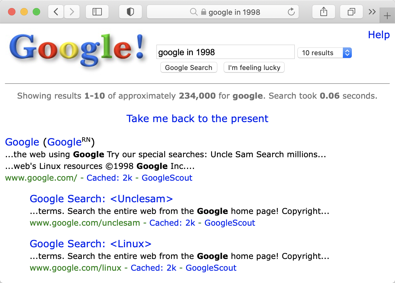 Image of the search results for 'google in 1998'.