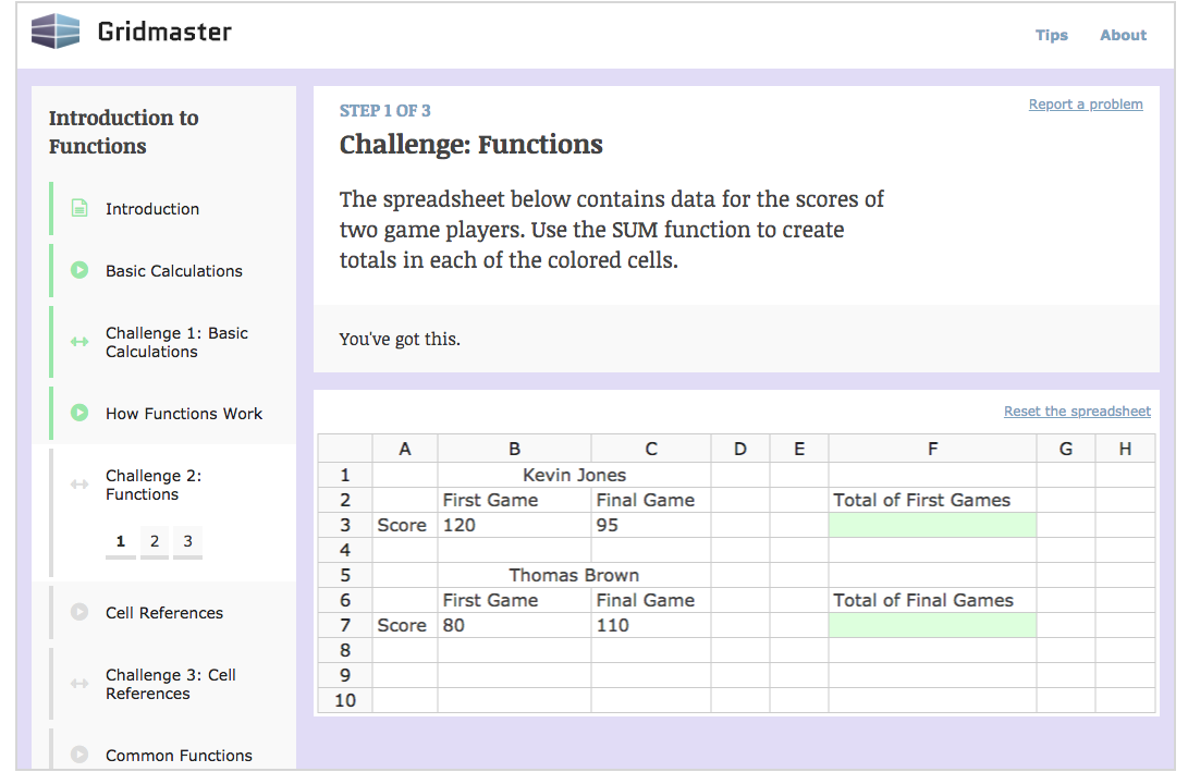 Screenshot of the first design with an embedded spreadsheet