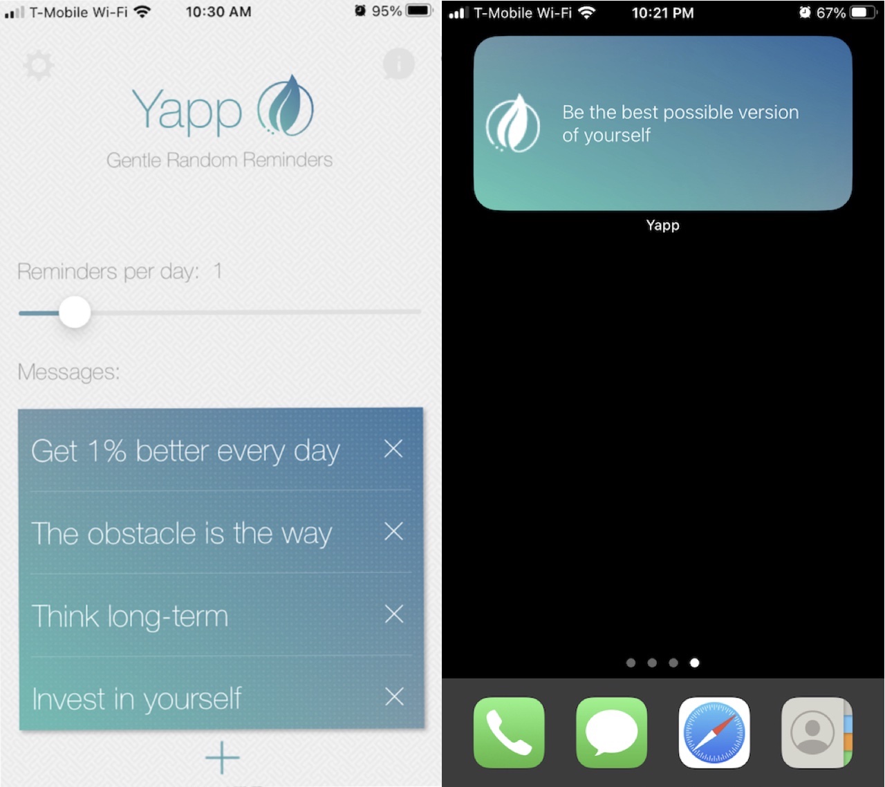 My iPhone, showing the interface of the Yapp Reminders app and the Yapp widget placed on my home screen