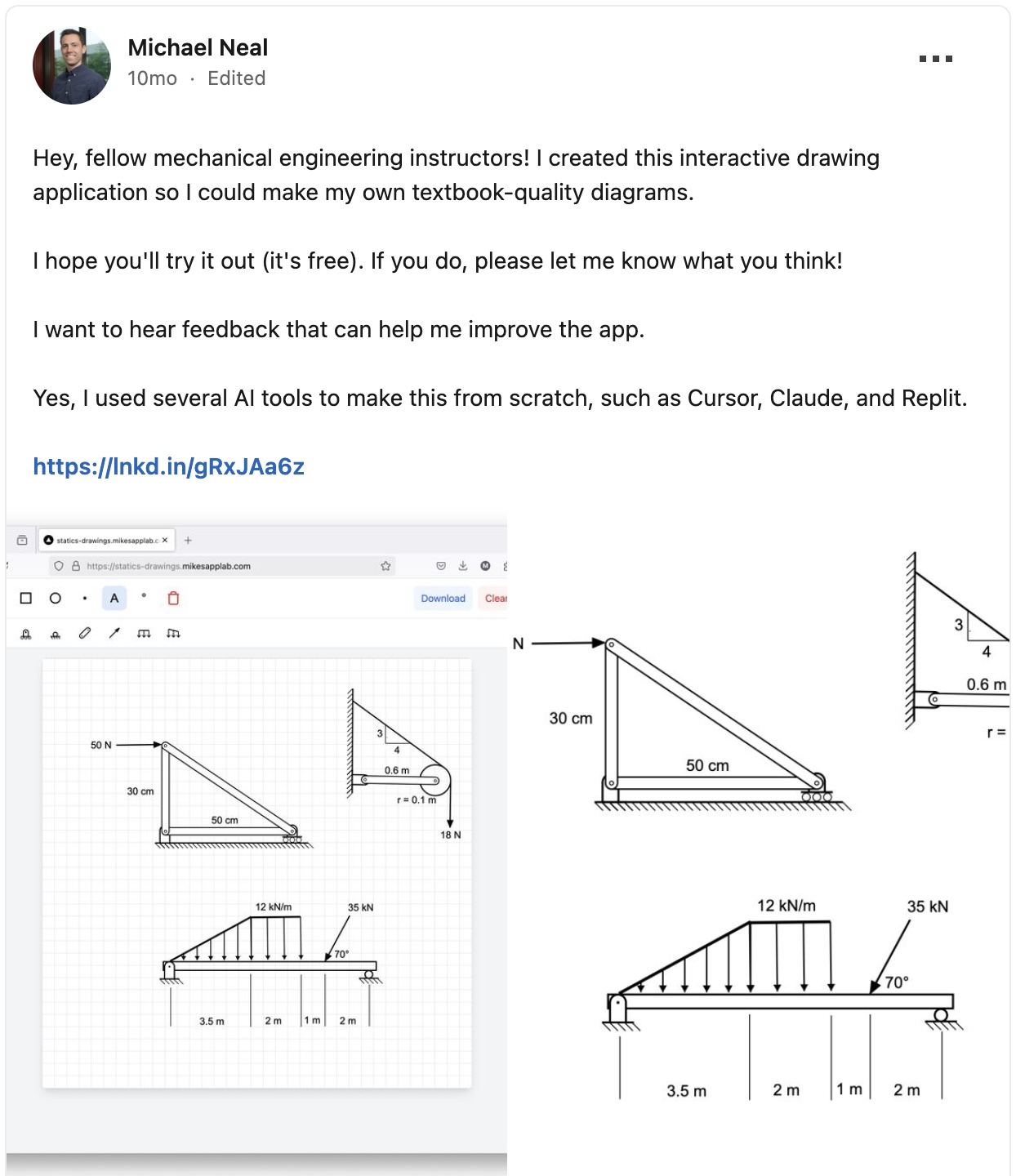 Linkedin post of a school teacher sharing a diagramming app they built