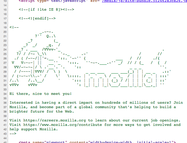 Image of comments in the source code of mozilla.com