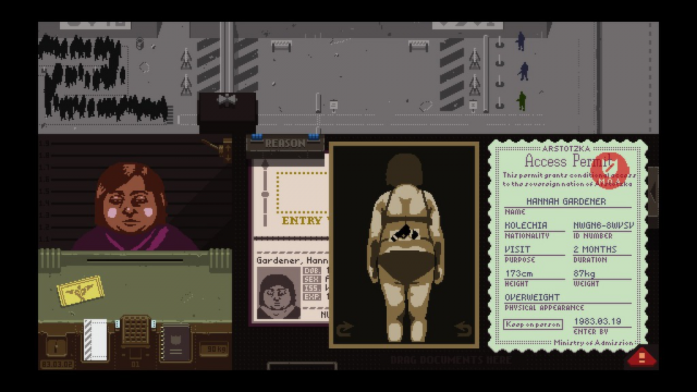 A scene from the game Papers, Please?