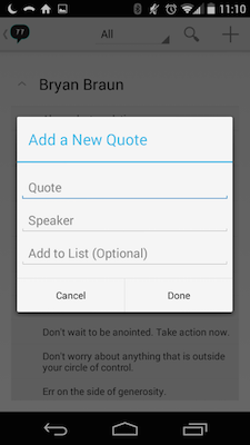 My Android phone, showing the interface to add a new quote in the Custom Quote app
