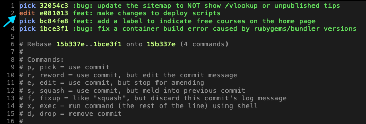 Screenshot of our rebase, using the 'edit' command