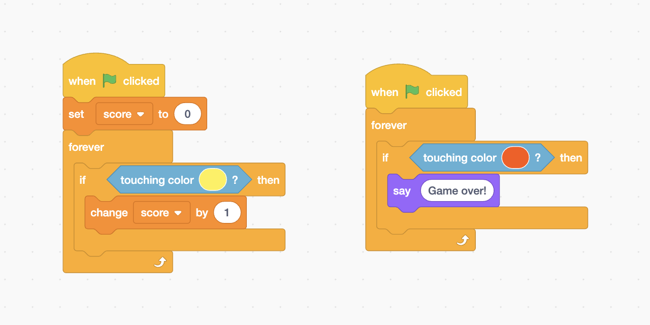 Visual coding blocks from the Scratch programming language