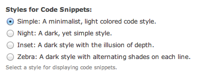 Image showing theme settings for code snippets
