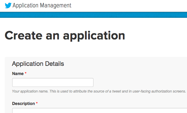 Twitters screen for creating a new application